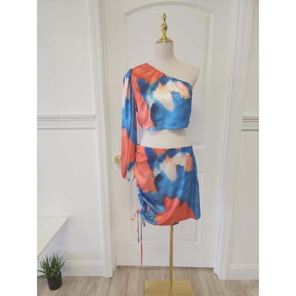Abstract Print One Shoulder Skirt Set